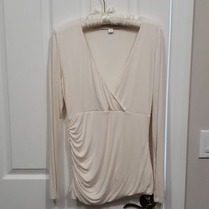 Boston Proper Vneck, ruched, long sleeve top,cream
